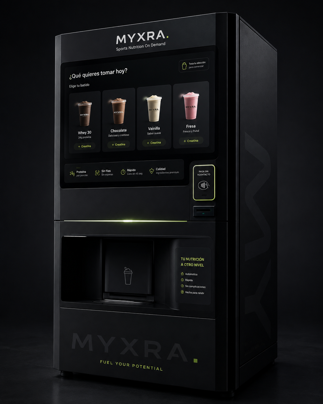Estación automática de nutrición deportiva MYXRA: mueble negro vertical con pantalla táctil, lector de pago contactless y zona de recogida del batido.